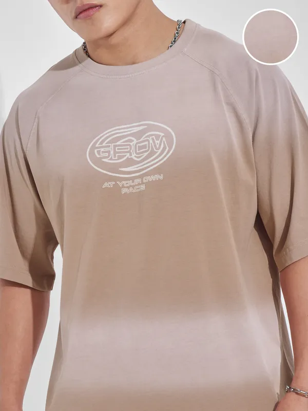 Highlander Men Tan Printed Round Neck Oversized Fit T-Shirt