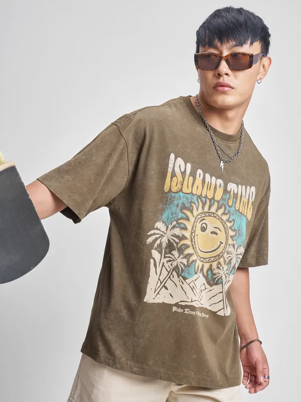 Highlander Men Khaki Printed Round Neck Oversized Fit T-Shirt