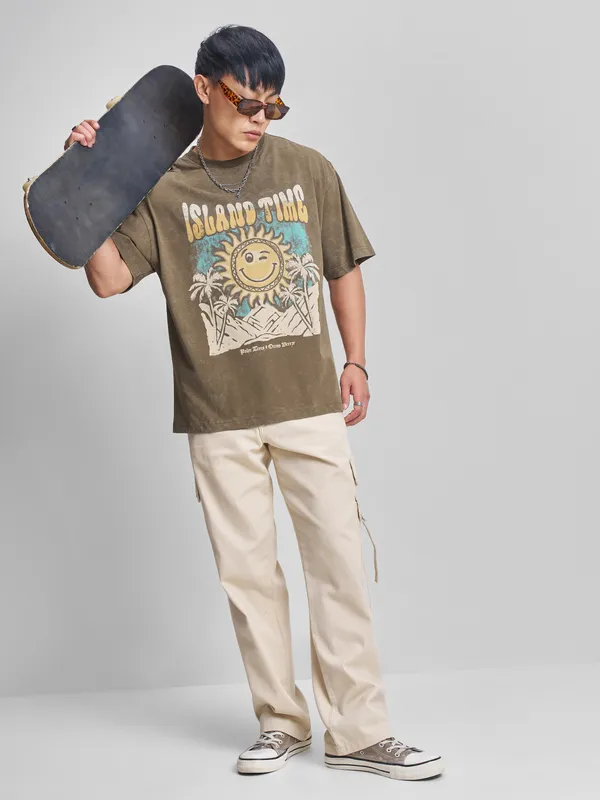 Highlander Men Khaki Printed Round Neck Oversized Fit T-Shirt