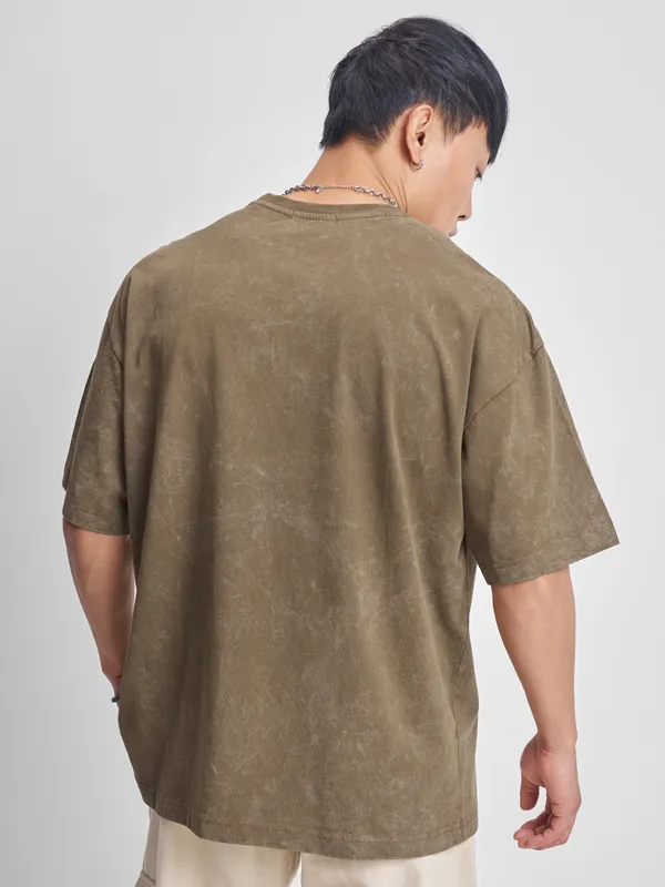 Highlander Men Khaki Printed Round Neck Oversized Fit T-Shirt