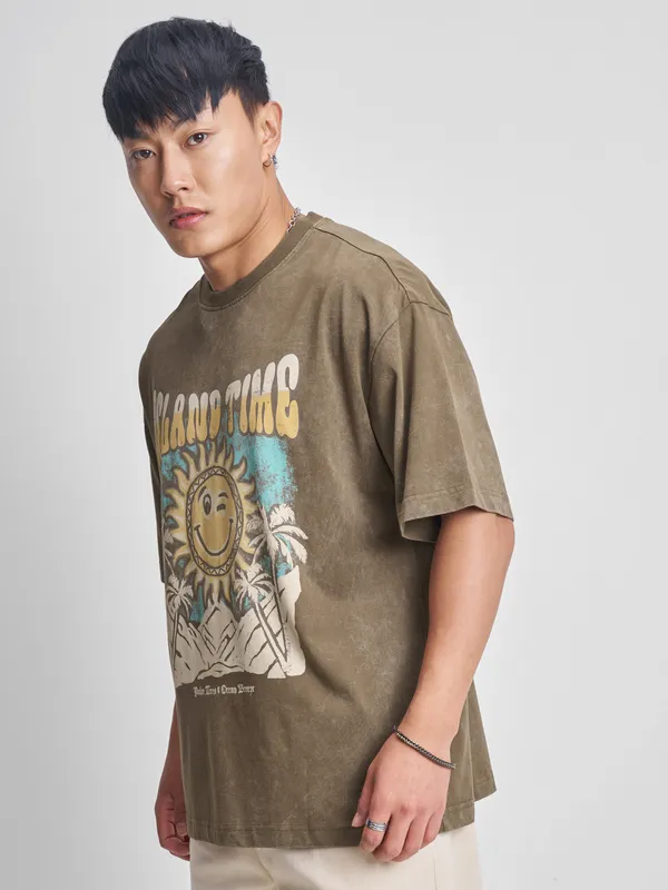 Highlander Men Khaki Printed Round Neck Oversized Fit T-Shirt