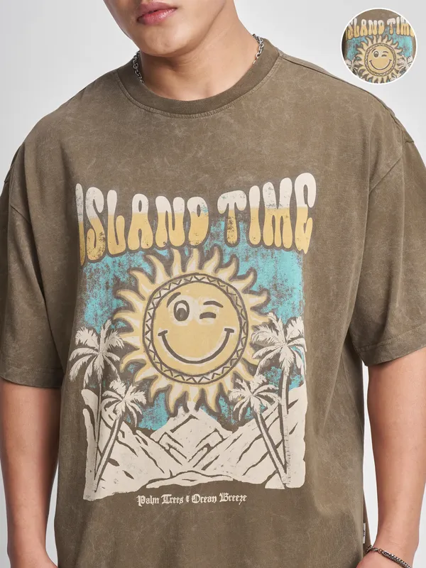 Highlander Men Khaki Printed Round Neck Oversized Fit T-Shirt