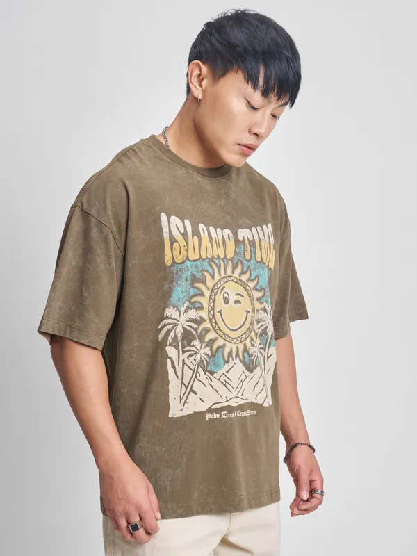Highlander Men Khaki Printed Round Neck Oversized Fit T-Shirt