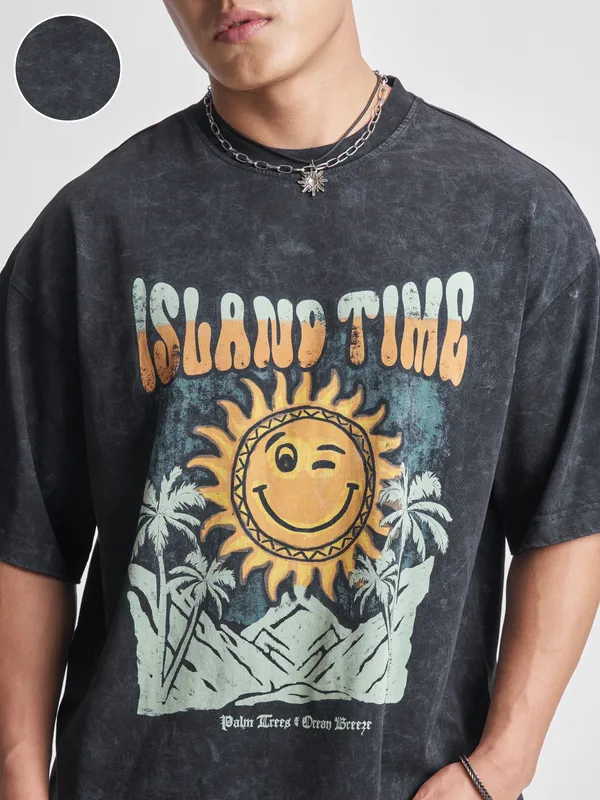 Highlander Men Black Printed Round Neck Oversized Fit T-Shirt