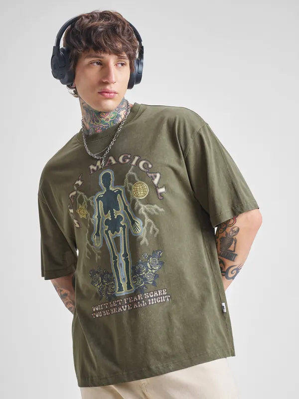 Highlander Men Olive Printed Round Neck Oversized Fit T-Shirt