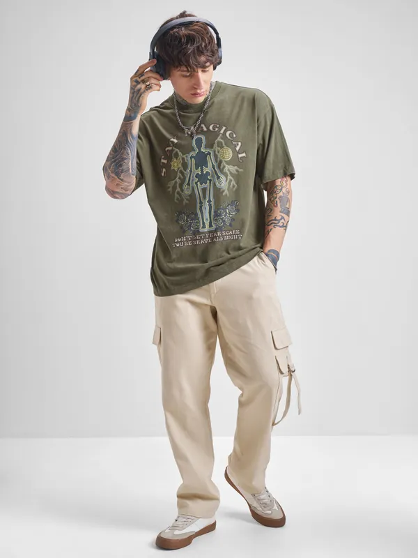 Highlander Men Olive Printed Round Neck Oversized Fit T-Shirt