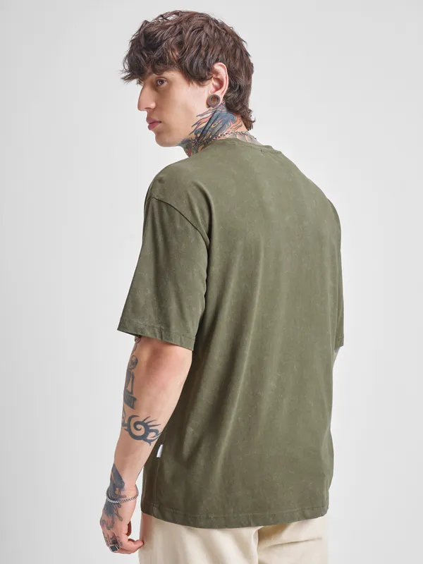 Highlander Men Olive Printed Round Neck Oversized Fit T-Shirt