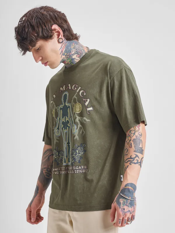 Highlander Men Olive Printed Round Neck Oversized Fit T-Shirt
