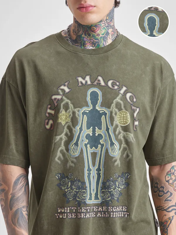 Highlander Men Olive Printed Round Neck Oversized Fit T-Shirt
