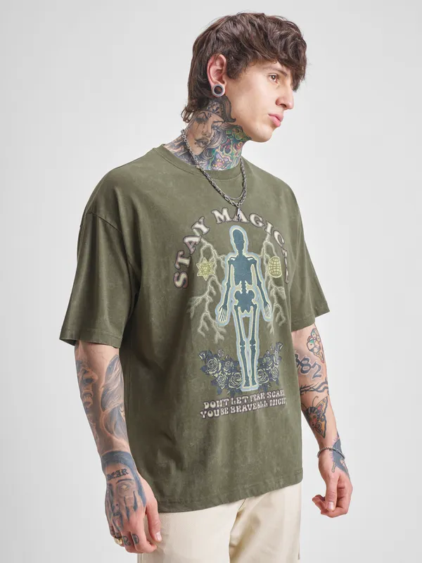 Highlander Men Olive Printed Round Neck Oversized Fit T-Shirt