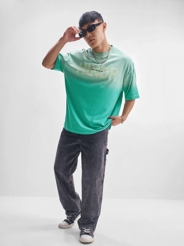 Highlander Men Turquoise Printed Round Neck Oversized Fit T-Shirt