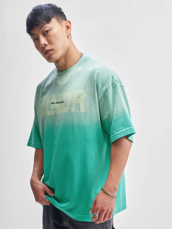 Highlander Men Turquoise Printed Round Neck Oversized Fit T-Shirt