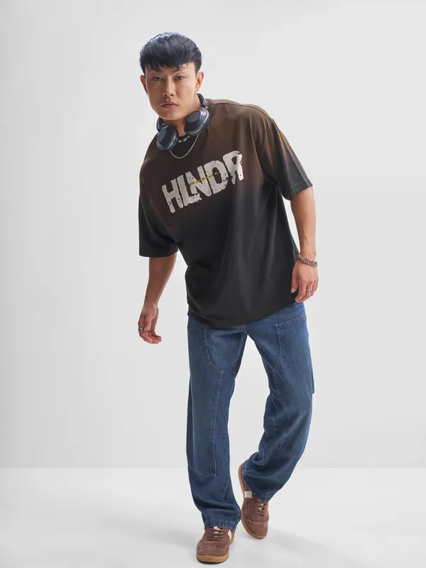 Highlander Men Black Printed Round Neck Oversized Fit T-Shirt