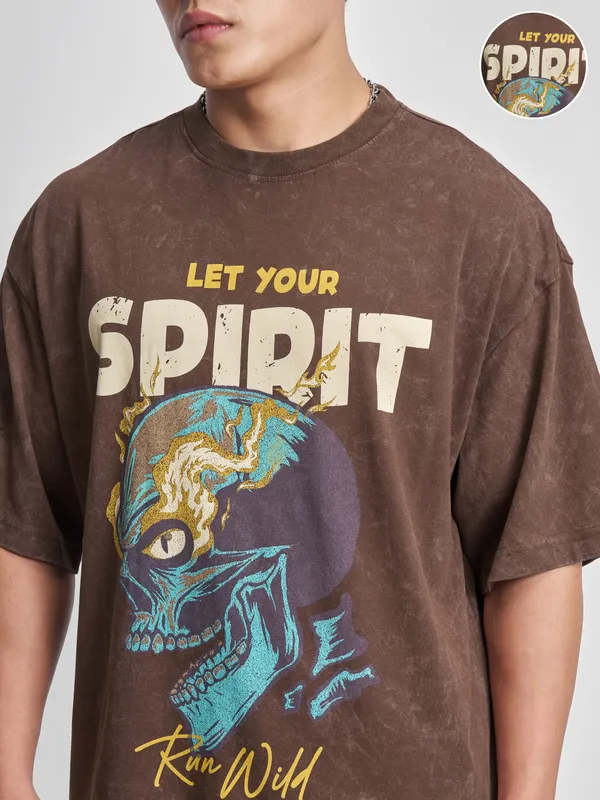 Highlander Men Brown Printed Round Neck Oversized Fit T-Shirt