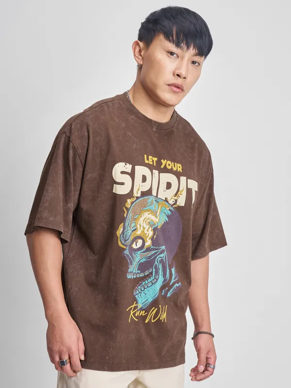 Highlander Men Brown Printed Round Neck Oversized Fit T-Shirt