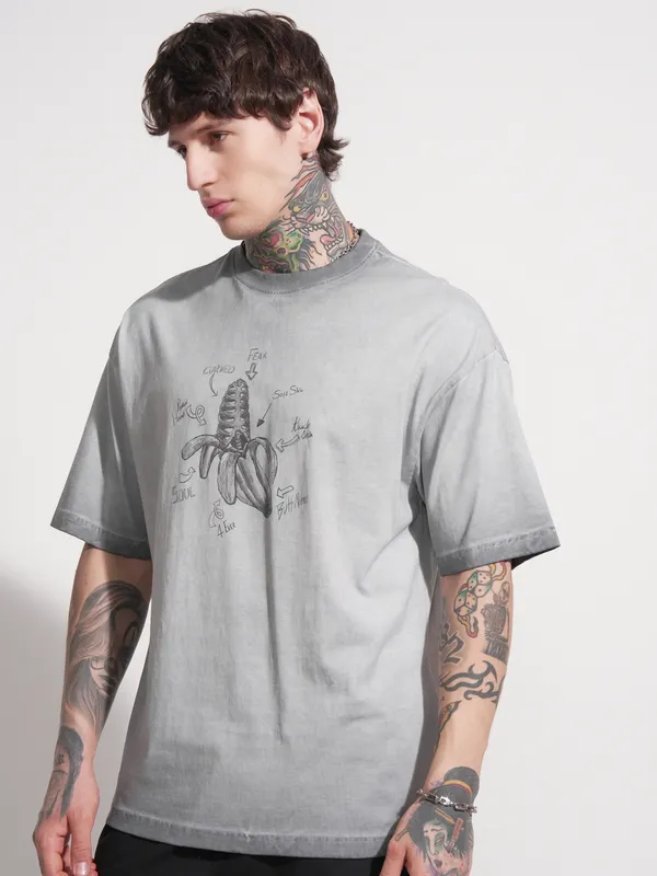 Highlander Men Grey Printed Round Neck Oversized Fit T-Shirt