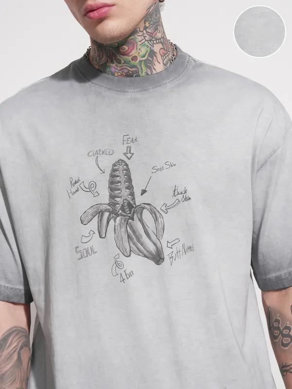 Highlander Men Grey Printed Round Neck Oversized Fit T-Shirt
