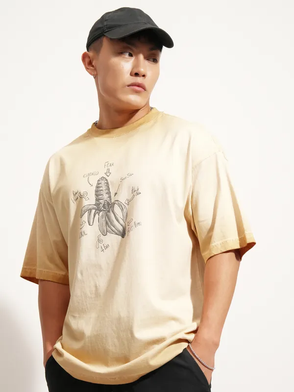 Highlander Men Brown Printed Round Neck Oversized Fit T-Shirt