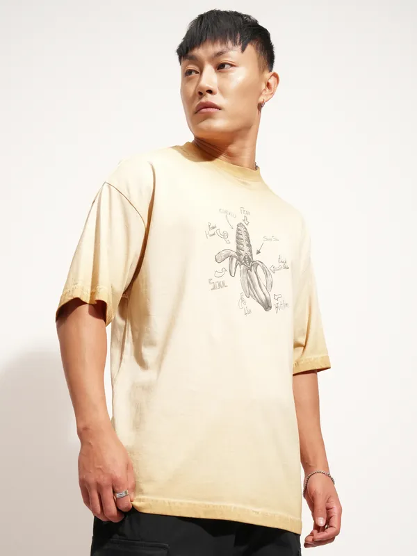 Highlander Men Brown Printed Round Neck Oversized Fit T-Shirt