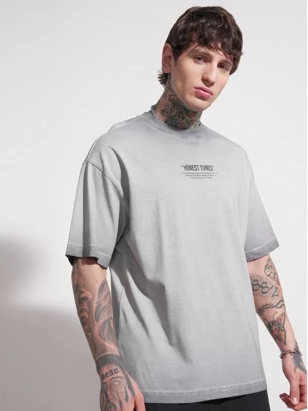 Highlander Men Grey Printed Round Neck Oversized Fit T-Shirt