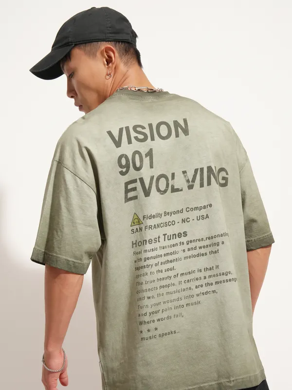 Highlander Men Olive Printed Round Neck Oversized Fit T-Shirt