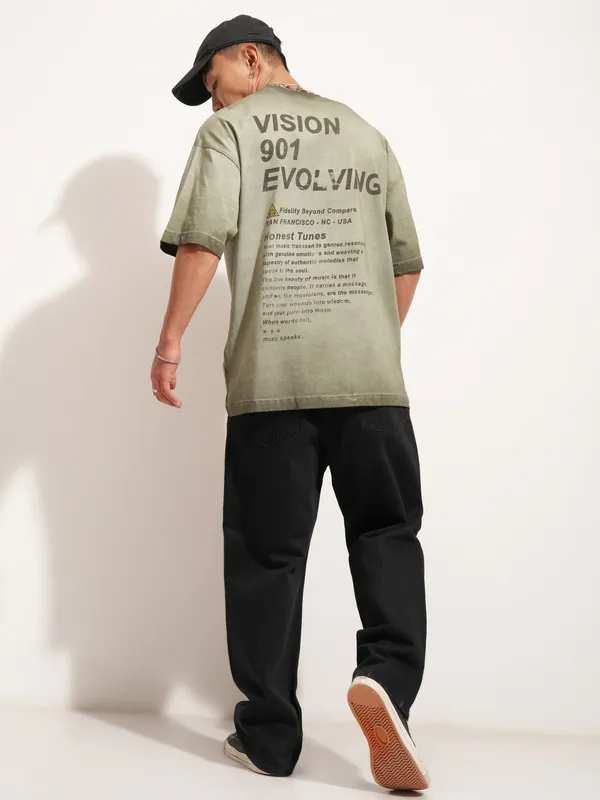 Highlander Men Olive Printed Round Neck Oversized Fit T-Shirt