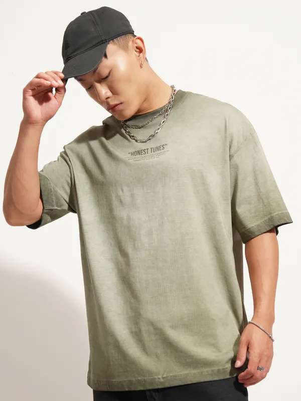 Highlander Men Olive Printed Round Neck Oversized Fit T-Shirt