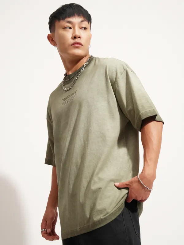 Highlander Men Olive Printed Round Neck Oversized Fit T-Shirt
