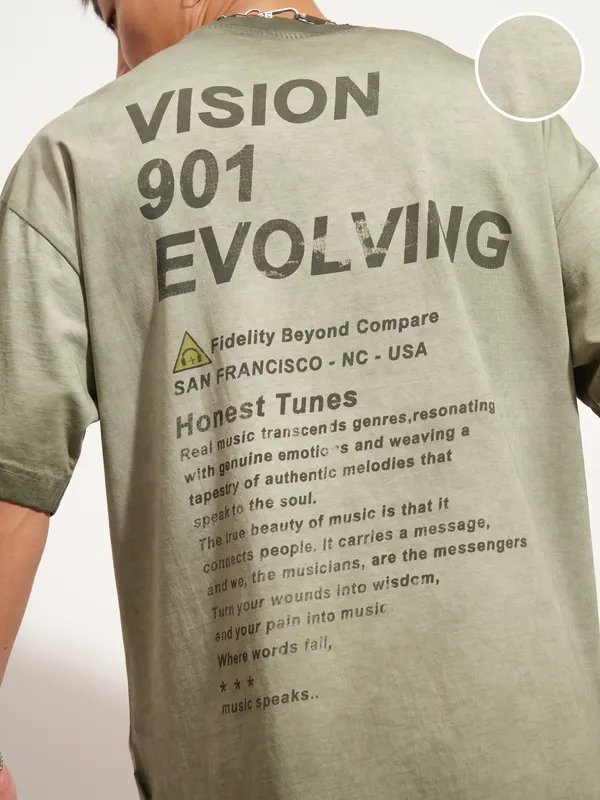 Highlander Men Olive Printed Round Neck Oversized Fit T-Shirt