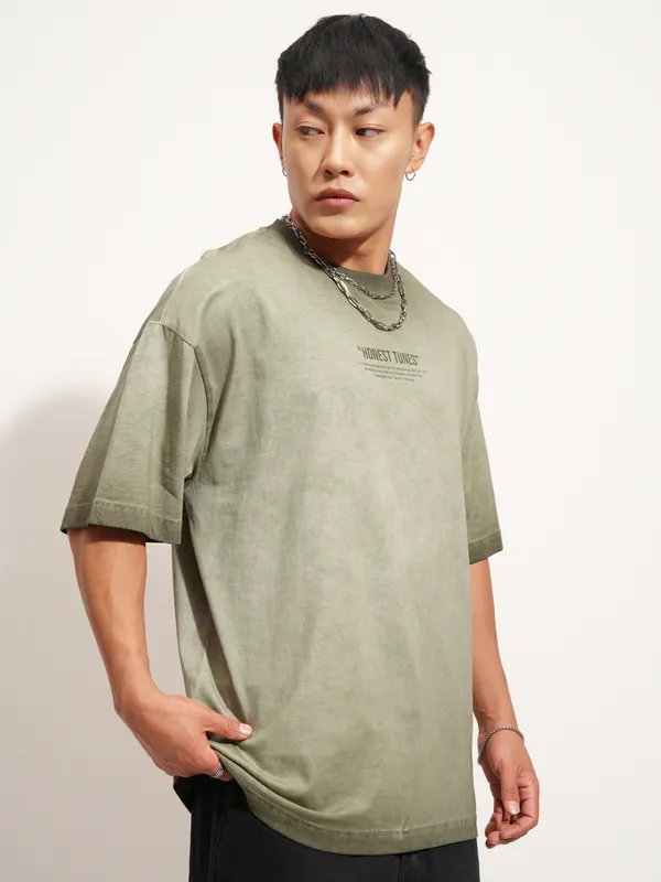 Highlander Men Olive Printed Round Neck Oversized Fit T-Shirt