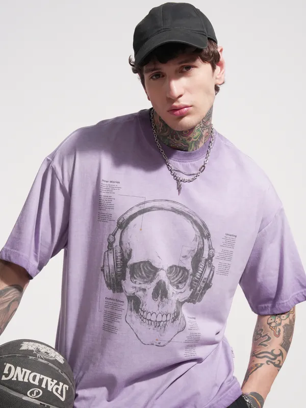 Highlander Men Lavender Printed Round Neck Oversized Fit T-Shirt