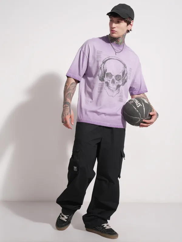 Highlander Men Lavender Printed Round Neck Oversized Fit T-Shirt