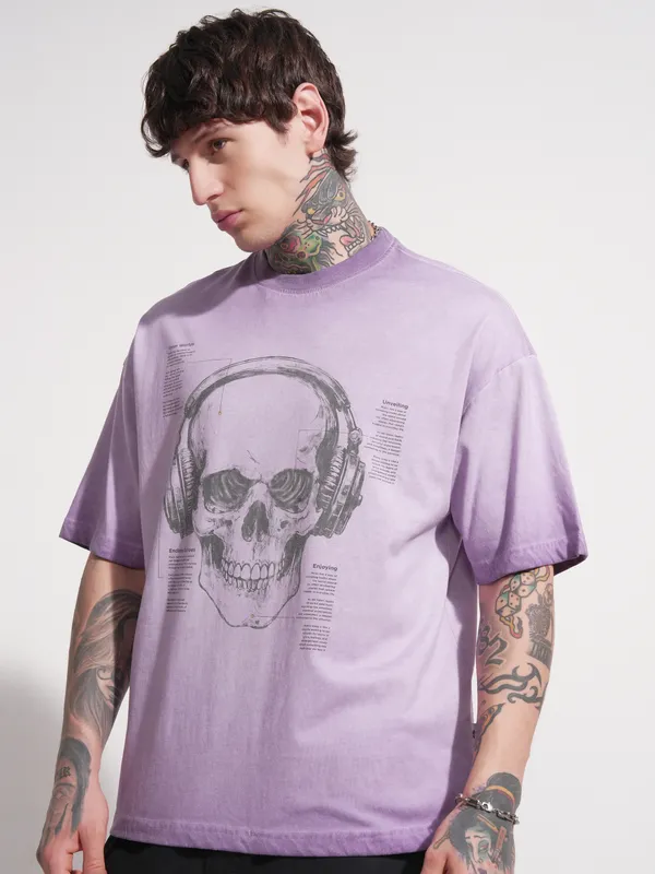 Highlander Men Lavender Printed Round Neck Oversized Fit T-Shirt