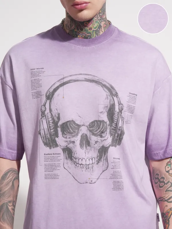 Highlander Men Lavender Printed Round Neck Oversized Fit T-Shirt