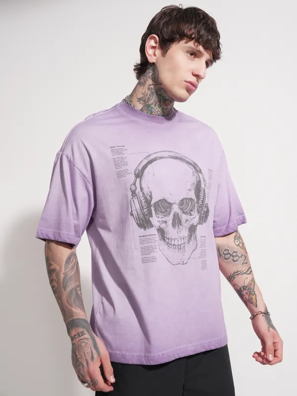 Highlander Men Lavender Printed Round Neck Oversized Fit T-Shirt