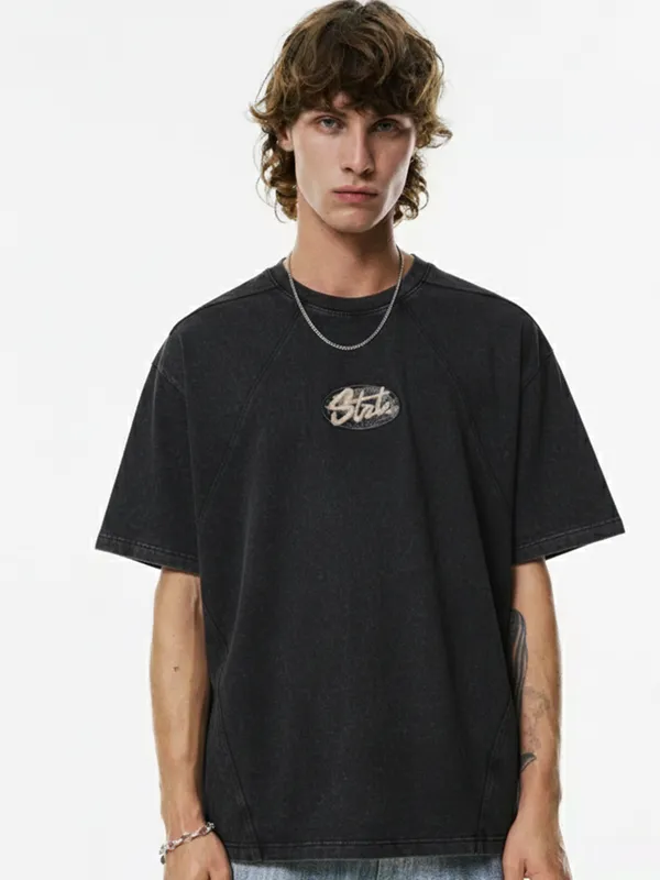 Highlander Men Black Embroidered Round Neck Oversized Fit T-Shirt