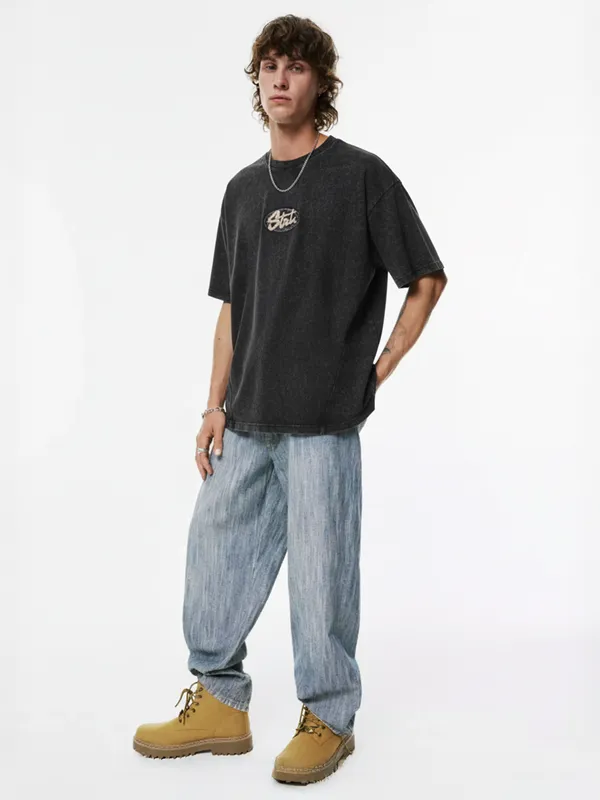 Highlander Men Black Embroidered Round Neck Oversized Fit T-Shirt