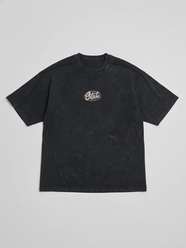 Highlander Men Black Embroidered Round Neck Oversized Fit T-Shirt