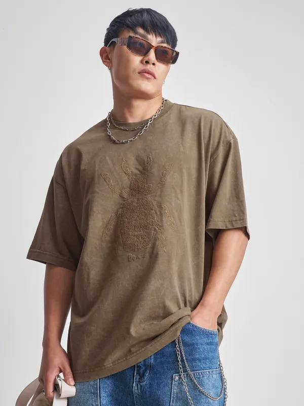 Highlander Men Khaki Self Design Round Neck Oversized Fit T-Shirt
