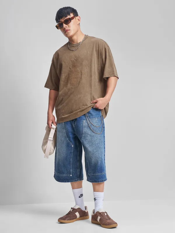 Highlander Men Khaki Self Design Round Neck Oversized Fit T-Shirt