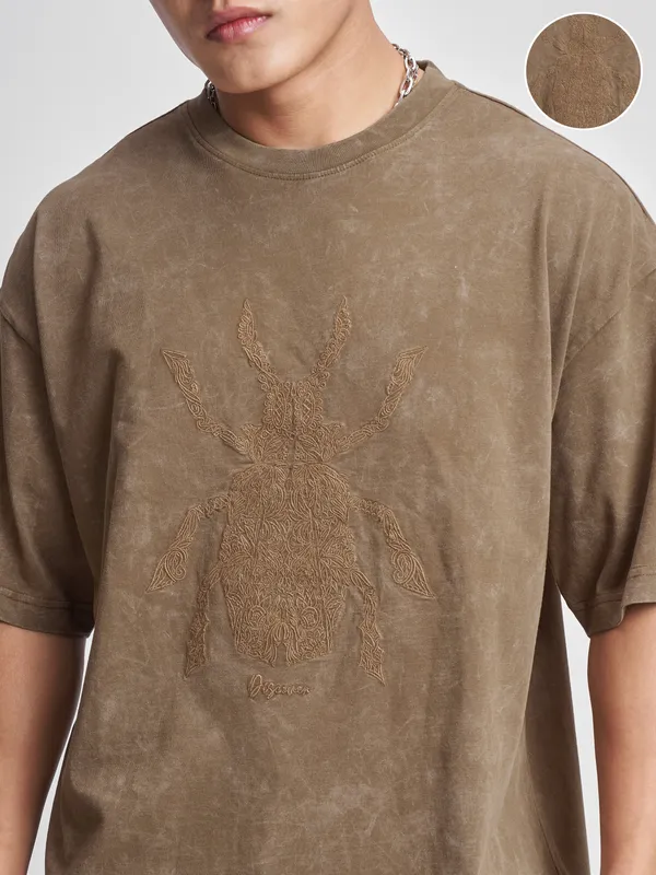 Highlander Men Khaki Self Design Round Neck Oversized Fit T-Shirt