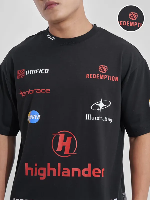 Highlander Men Black Printed Round Neck Oversized Fit T-Shirt