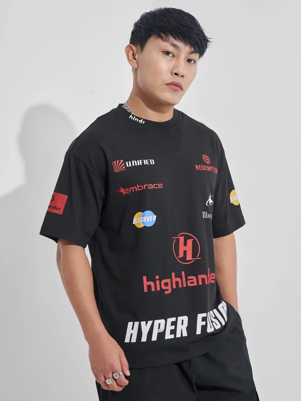 Highlander Men Black Printed Round Neck Oversized Fit T-Shirt