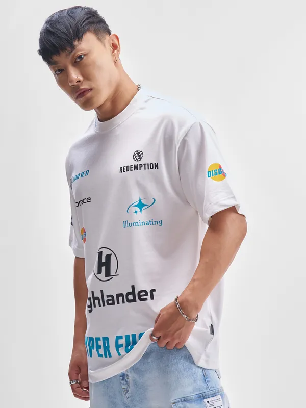 Highlander Men White Printed Round Neck T-Shirt