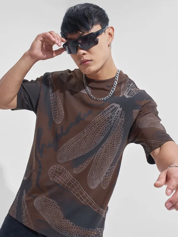 Highlander Men Brown Printed Round Neck Oversized Fit T-Shirt