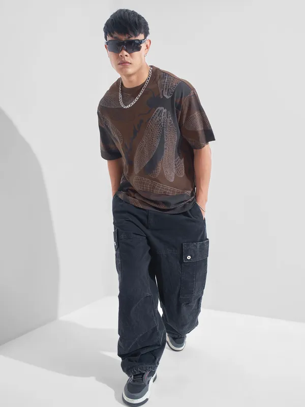 Highlander Men Brown Printed Round Neck Oversized Fit T-Shirt