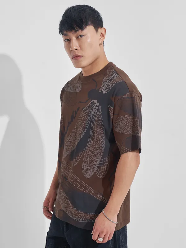 Highlander Men Brown Printed Round Neck Oversized Fit T-Shirt