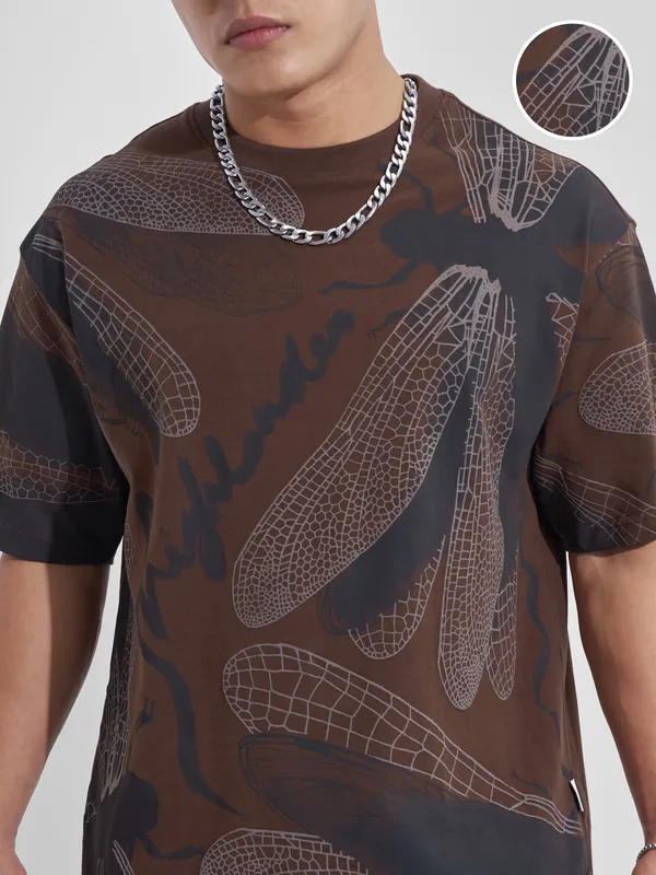 Highlander Men Brown Printed Round Neck Oversized Fit T-Shirt