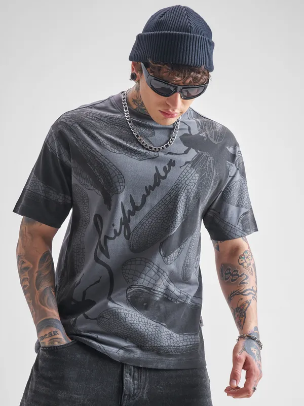 Highlander Men Grey Printed Round Neck T-Shirt