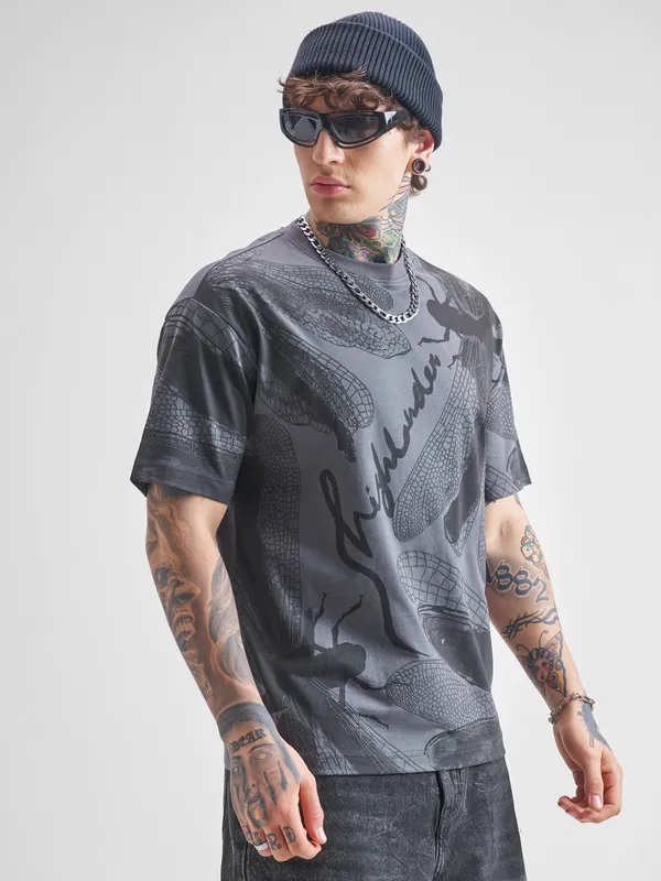 Highlander Men Grey Printed Round Neck T-Shirt